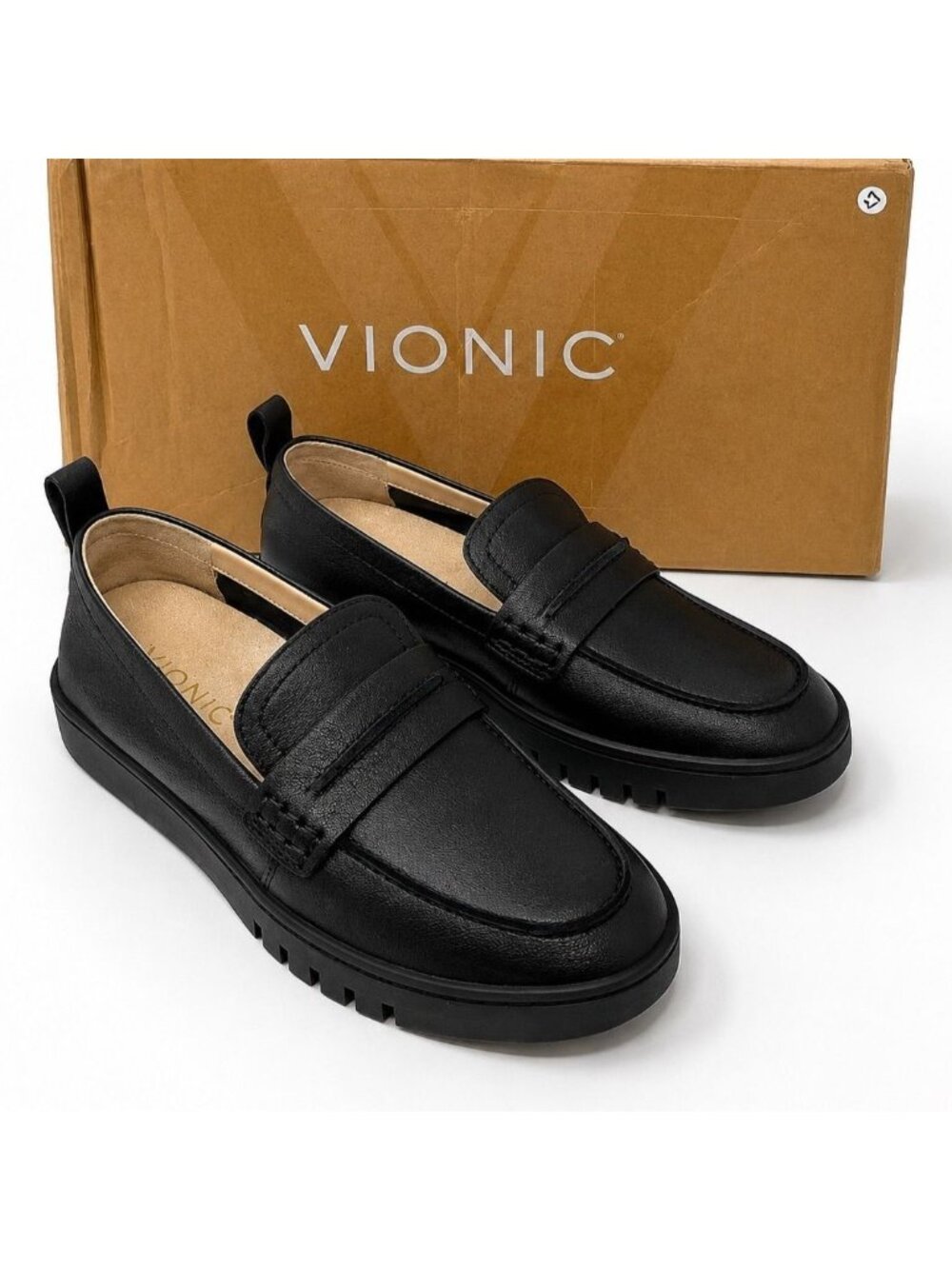 Vionic Chantel Penny Supportive Black Leather Slip-On Loafer Womens 5 Comfort Sh